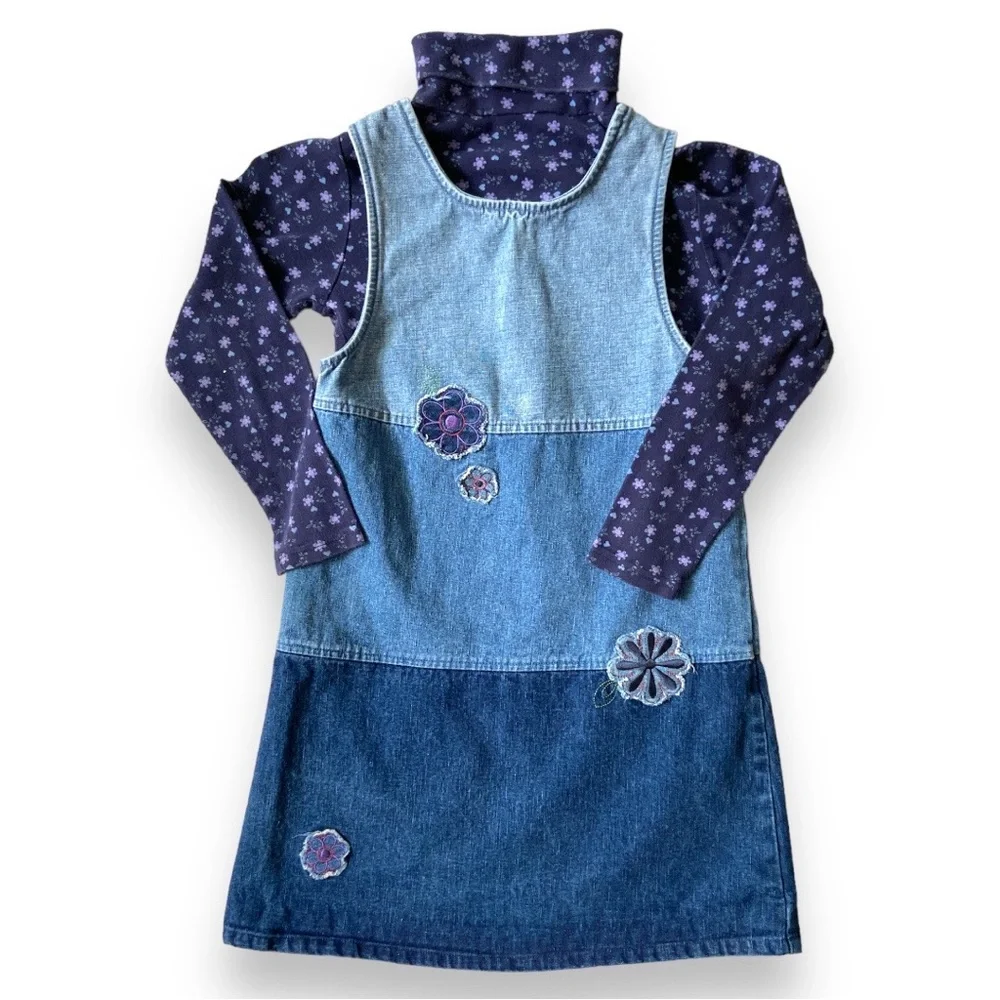 VINTAGE Y2K Dress Jumper Outfit Skirt Shirt Floral Denim Patchwork Appliqué